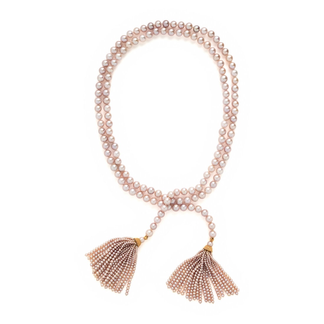 Mish, Cultured Pink Pearl Tassel Necklace: Mish, Cultured Pink Pearl Tassel Necklace Featuring cultured pink pearls (origin of color not tested) measuring approximately 7.85 - 10.00 mm, and tassels with pink seed pearls measuring