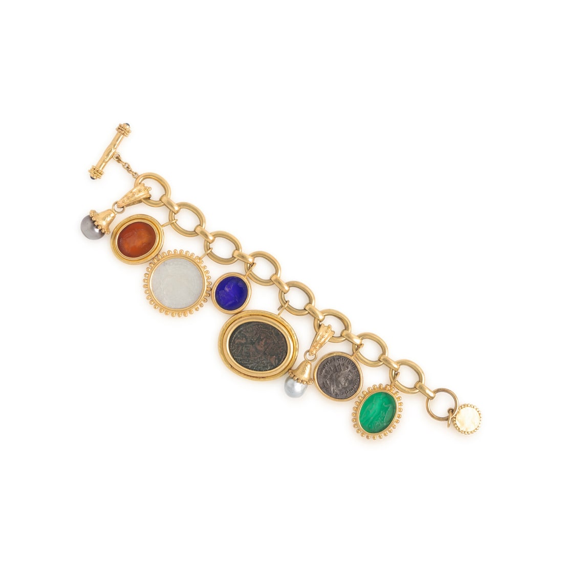 Elizabeth Locke, Yellow Gold and Multigem Charm Bracelet: Elizabeth Locke, Yellow Gold and Multigem Charm Bracelet Featuring nine charms including a gray and a white cultured pearl (origin of color not tested), Venetian green, orange, and blue glass