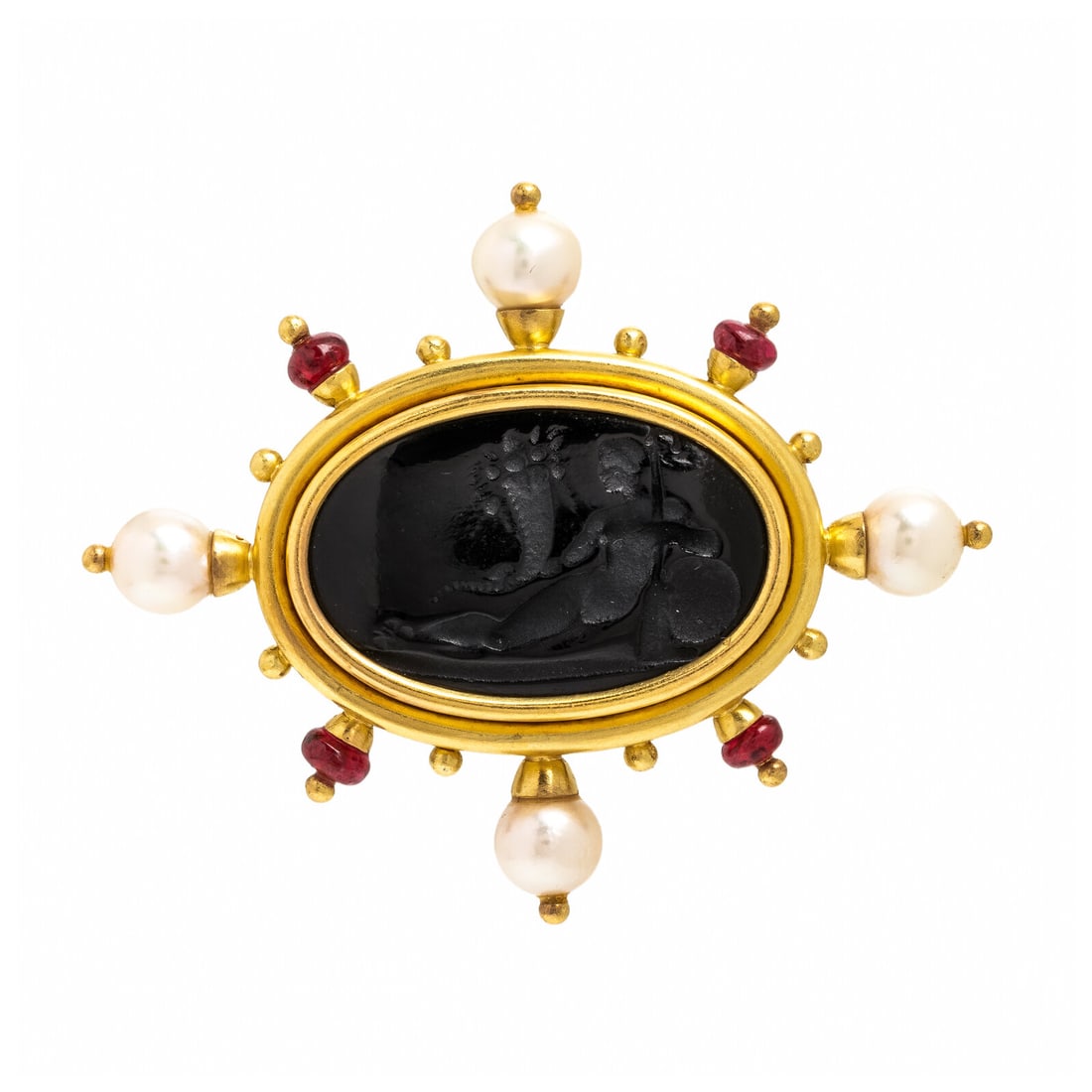 Elizabeth Locke, Multigem and Yellow Gold Brooch: Elizabeth Locke, Multigem and Yellow Gold Brooch Featuring a black Venetian glass intaglio depicting a seated figure, the surround accented by round cabochon spinel and cultured pearls. Mounted in 18