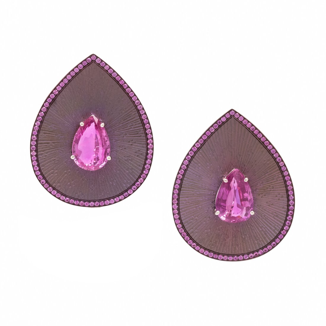 Sabbadini, Pink Sapphire, Titanium, and Gold Earrings: Sabbadini, Pink Sapphire, Titanium, and Gold Earrings Featuring pear shape pink sapphires weighing approximately 7.10 carats total by formula, and a trim of round pink sapphires, with a guilloché