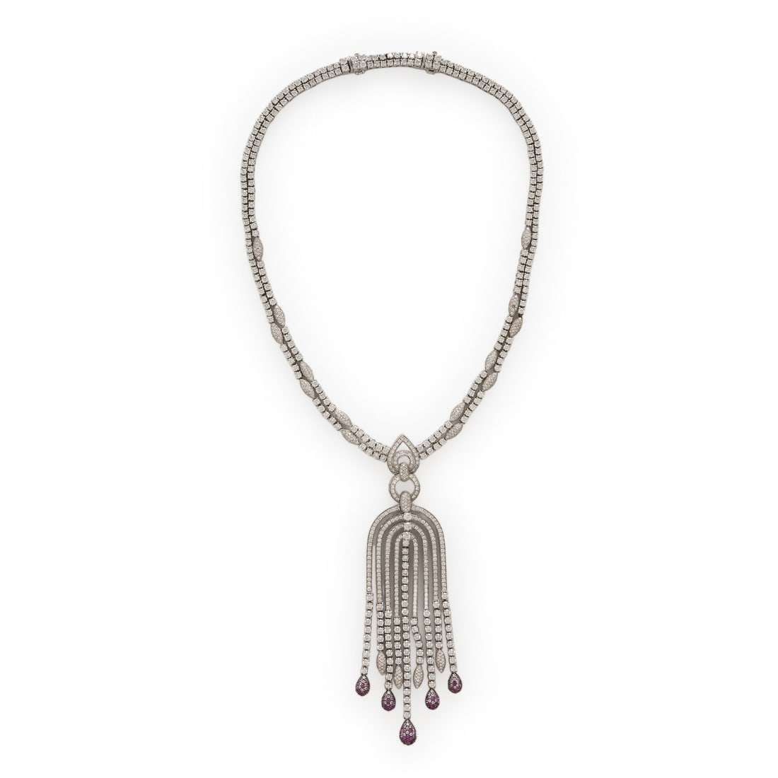 Salavetti, Diamond and Pink Sapphire Fringe Necklace: Salavetti, Diamond and Pink Sapphire Fringe Necklace Featuring round brilliant cut diamonds weighing approximately 21.00 - 23.00 carats total, the ends of the fringe set with round pink sapphires. Mou