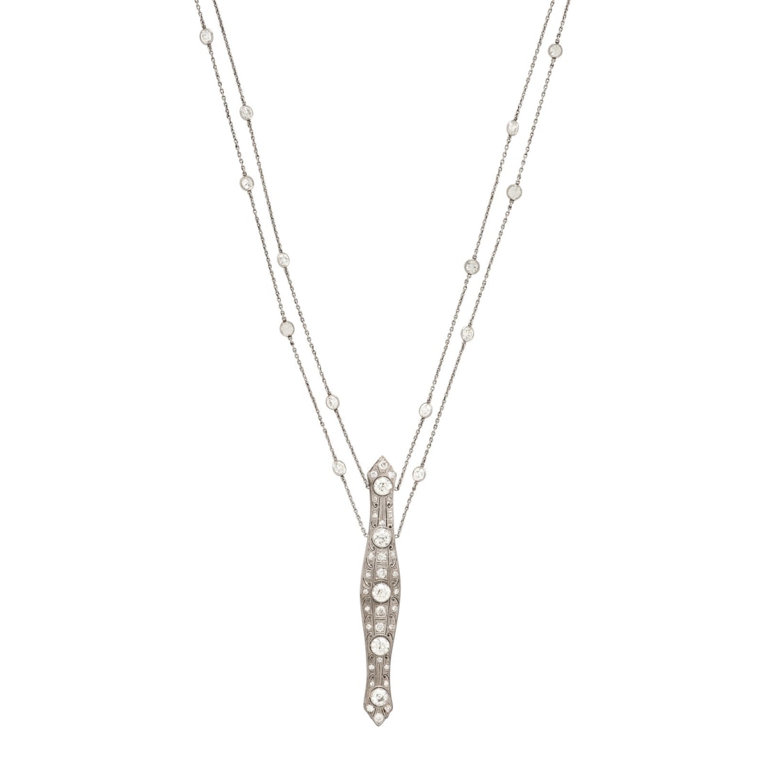 Diamond, Platinum, and White Gold Necklace: Diamond, Platinum, and White Gold Necklace Featuring a converted brooch set with old European and single cut diamonds weighing approximately 3.70 carats total, attached to a double strand station neck