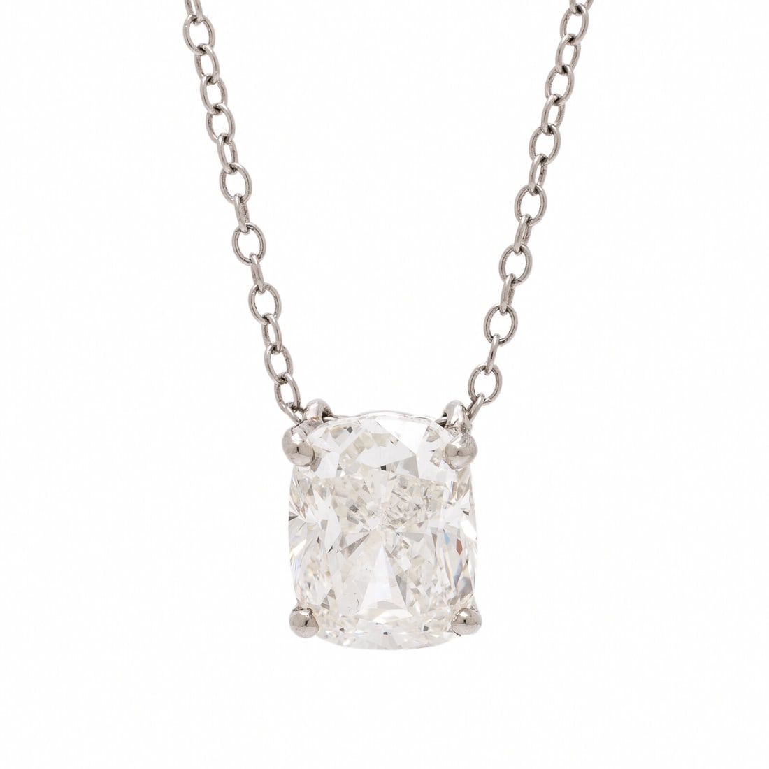 Diamond and Platinum Pendant Necklace: Diamond and Platinum Pendant Necklace Featuring a cushion cut diamond weighing 3.21 carats, in a basket pendant mounting. Mounted in platinum. Chain: 17 1/2 inches long. Chain stamp: PLAT. Gross weigh