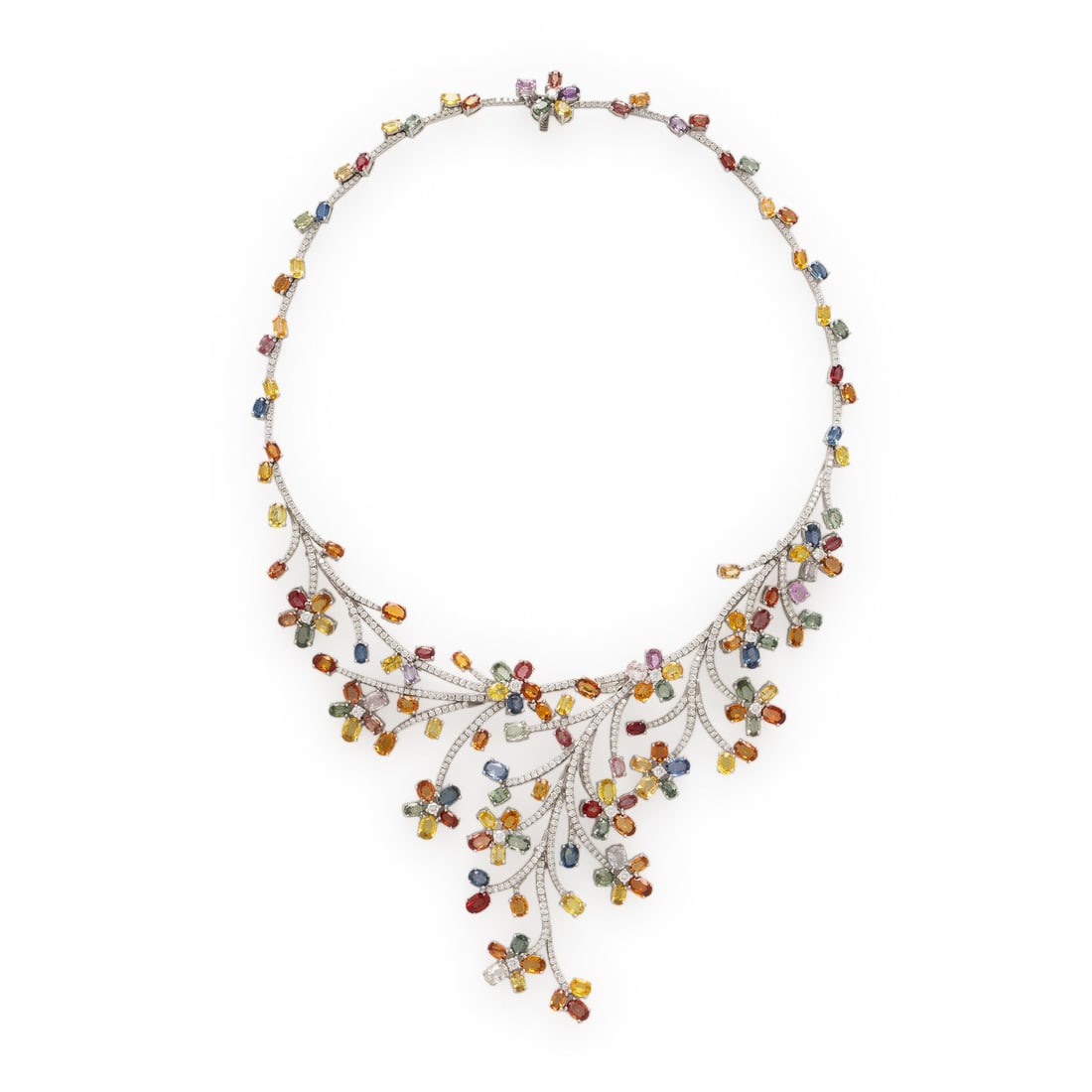 Multi Colored Sapphire, Diamond, and White Gold Necklace: Multi Colored Sapphire, Diamond, and White Gold Necklace In a floral and foliate design, set with variously sized and colored oval sapphires, and round brilliant cut diamonds weighing approximately 7.