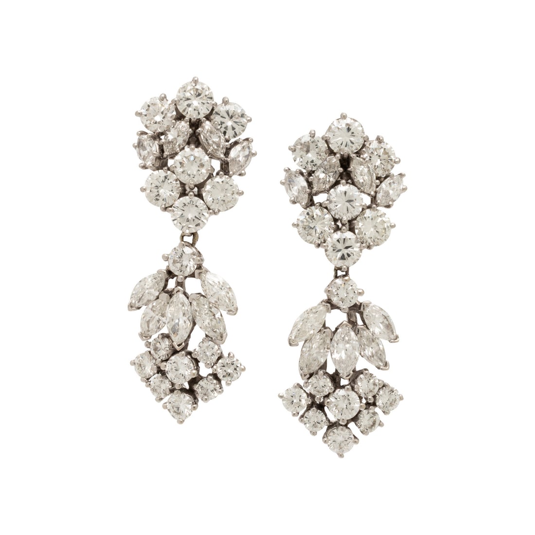 Diamond, Platinum, and White Gold Earrings: Diamond, Platinum, and White Gold Earrings Featuring round brilliant and marquise cut diamonds weighing approximately 11.00 - 12.00 carats total. Mounted in white gold and platinum. 1 3/4 inches long.