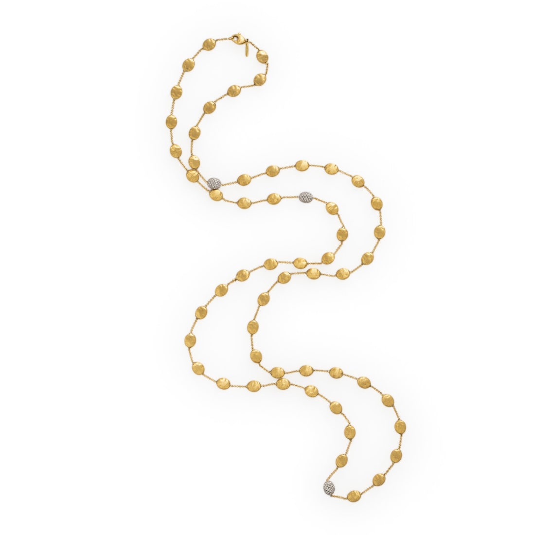 Marco Bicego, 'Siviglia' 'Bean', Yellow Gold and Diamond Necklace: Marco Bicego, 'Siviglia' 'Bean', Yellow Gold and Diamond Necklace Designed with brushed oval stations, three stations with pavé-set round brilliant cut diamonds. Mounted in 18 karat yellow and white 