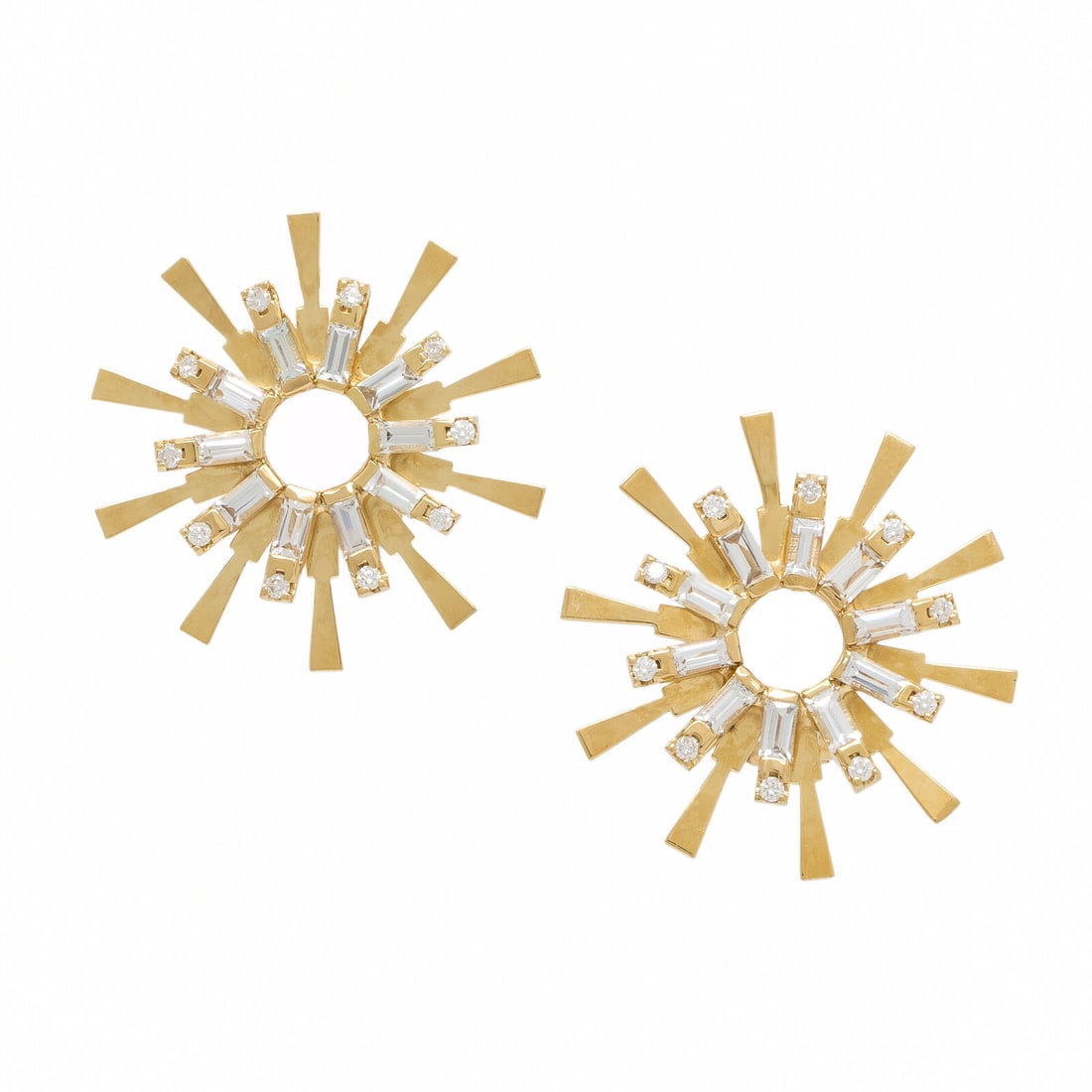 Carol Kauffmann, Yellow Gold and Diamond Sunburst Earrings: Carol Kauffmann, Yellow Gold and Diamond Sunburst Earrings In a sunburst design, set with round brilliant cut diamonds weighing approximately 0.25 carat total, and baguette cut simulant stones. Mounte