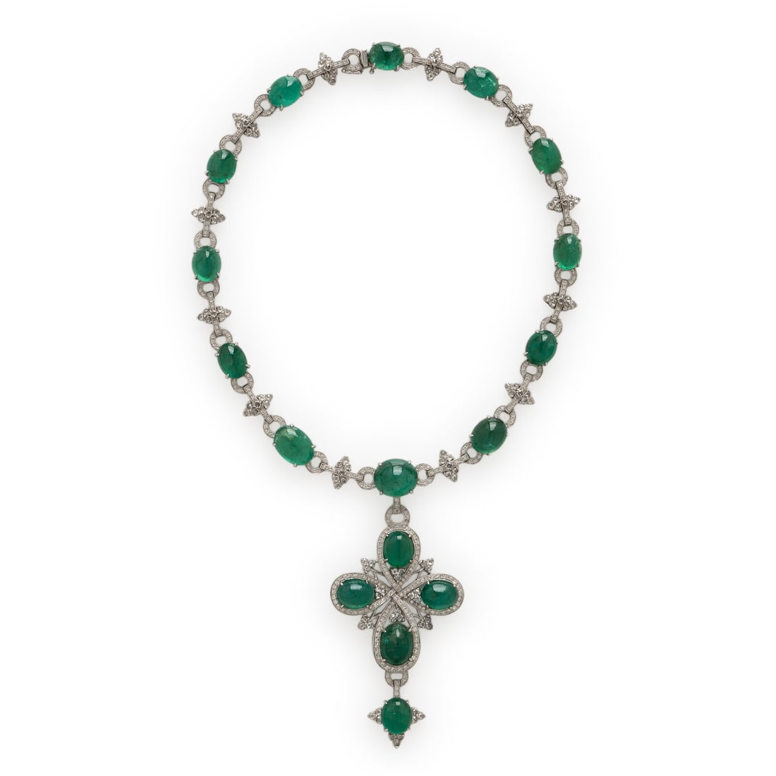 Emerald, Diamond, and White Gold Necklace: Emerald, Diamond, and White Gold Necklace Featuring oval cabochon emeralds weighing approximately 85.00 - 95.00 carats total by formula, round brilliant cut diamonds weighing approximately 1.80 carats