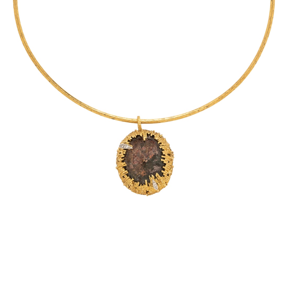 Geoffrey Turk, Dendritic Agate, Diamond, and Yellow Gold Pendant Necklace: Geoffrey Turk, Dendritic Agate, Diamond, and Yellow Gold Pendant Necklace Textured torque necklace suspending a brutalist hammered gold pendant set with an oval cabochon dendritic agate measuring