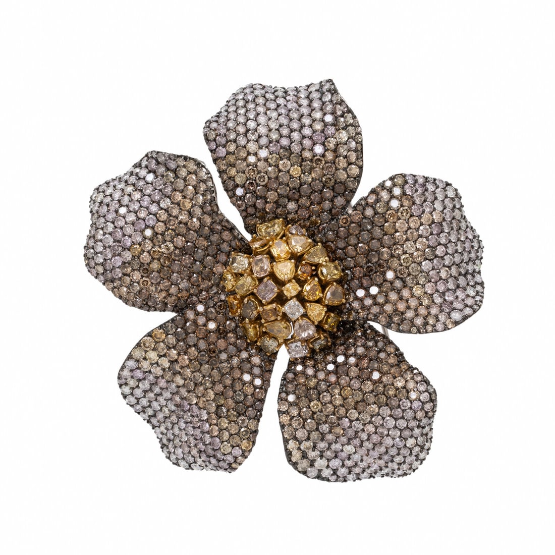 Colored Diamond, Diamond, and Tricolor Gold Flower Pendant Brooch: Colored Diamond, Diamond, and Tricolor Gold Flower Pendant Brooch In a floral design, set with brown, yellow, orange, pink, and near colorless round brilliant cut diamonds weighing approximately 24.00