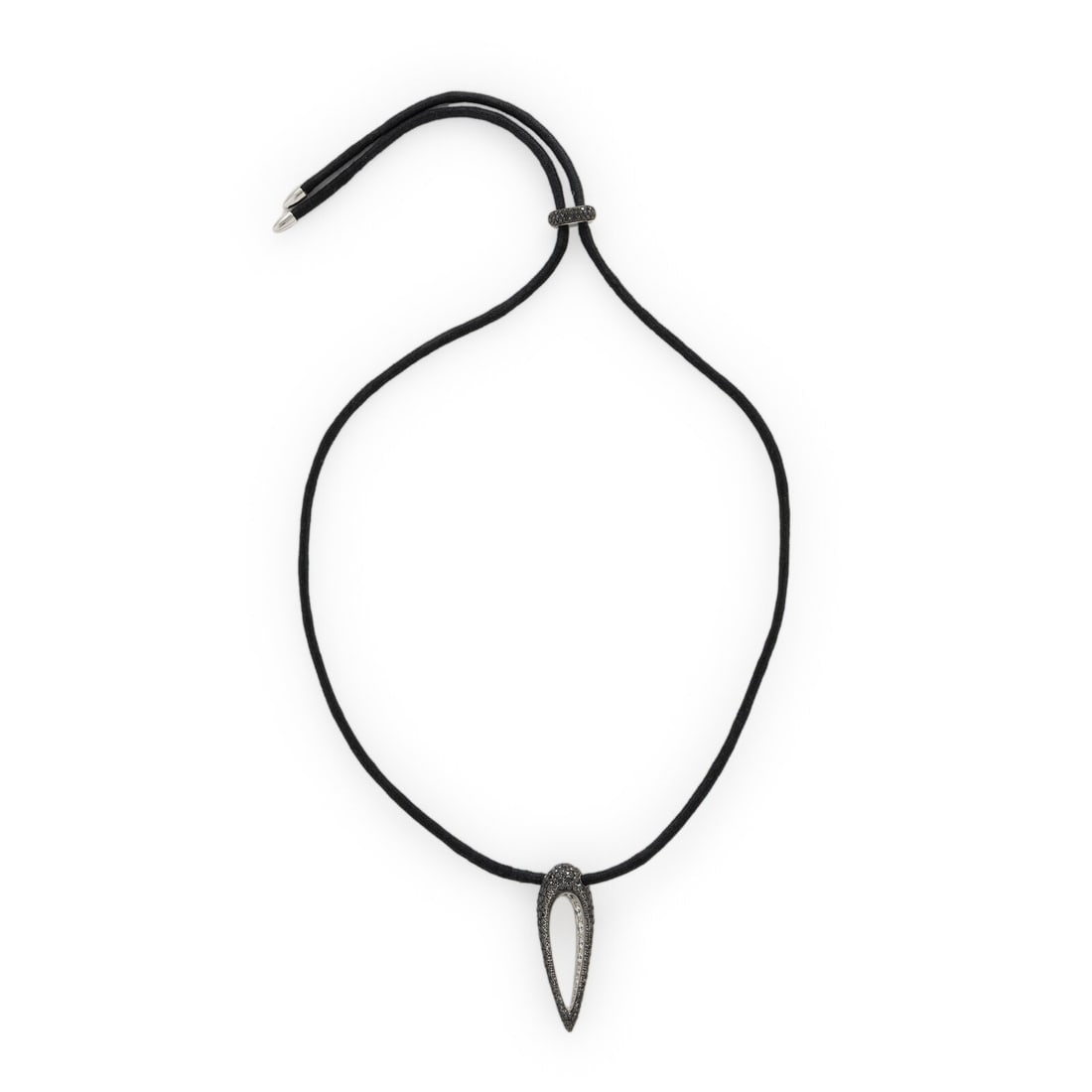 De Grisogono, 'Polina', Diamond, Black Diamond, and White Gold Pendant Necklace: De Grisogono, 'Polina', Diamond, Black Diamond, and White Gold Pendant Necklace In an abstract curved design, the pendant exterior pavé-set with round black diamonds, and the interior set with round