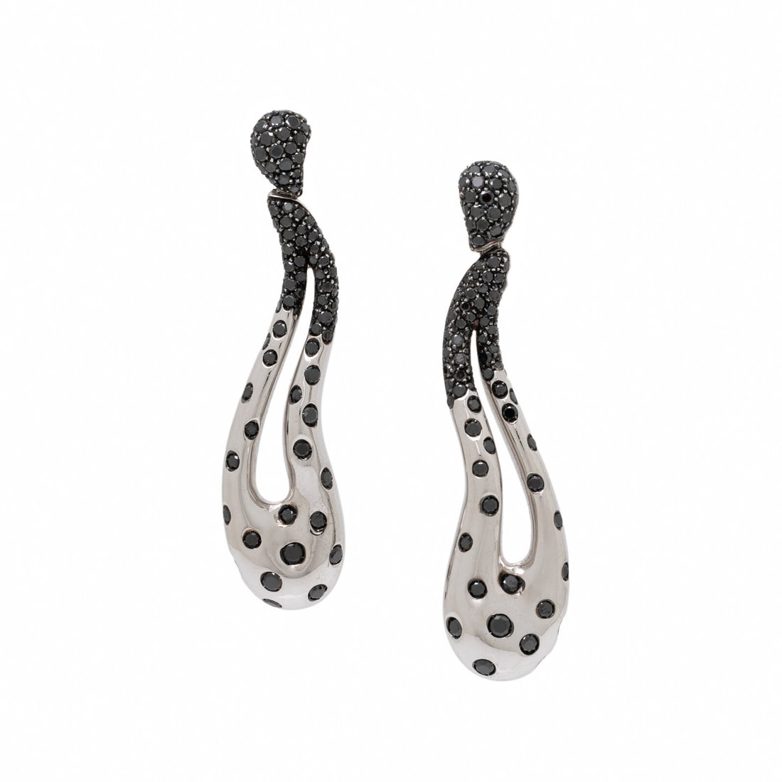 De Grisogono, White Gold and Black Diamond Earrings: De Grisogono, White Gold and Black Diamond Earrings In a freeform teardrop design, inlaid with round black diamonds. Mounted in 18 karat white gold. 2 1/2 inches long. Stamp: de GRISOGONO 750