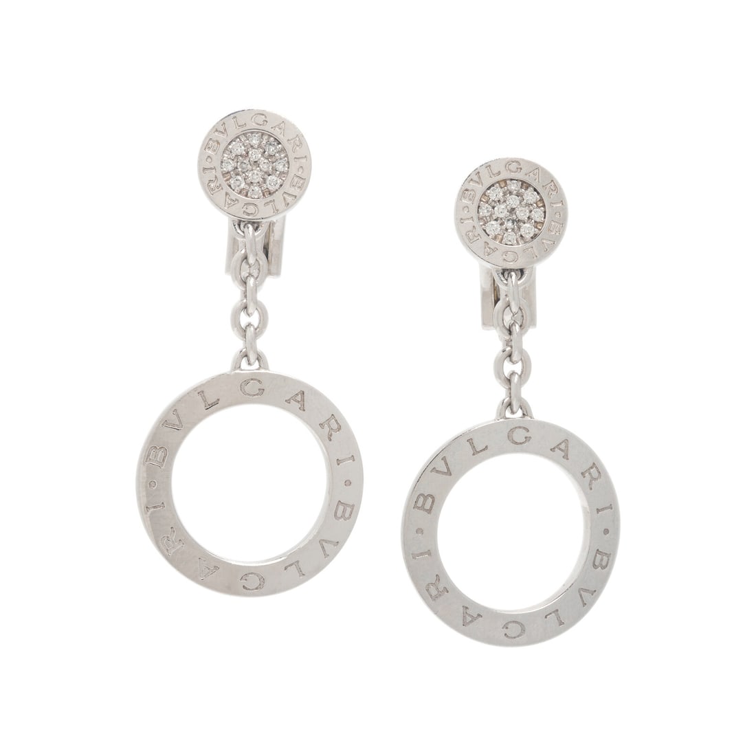 Bulgari, 'Bulgari Bulgari' White Gold and Diamond Earrings: Bulgari, 'Bulgari Bulgari' White Gold and Diamond Earrings Designed as discs pavé-set with round brilliant cut diamonds suspending circular drops. Mounted in 18 karat white gold. 1 3/4 inches long.