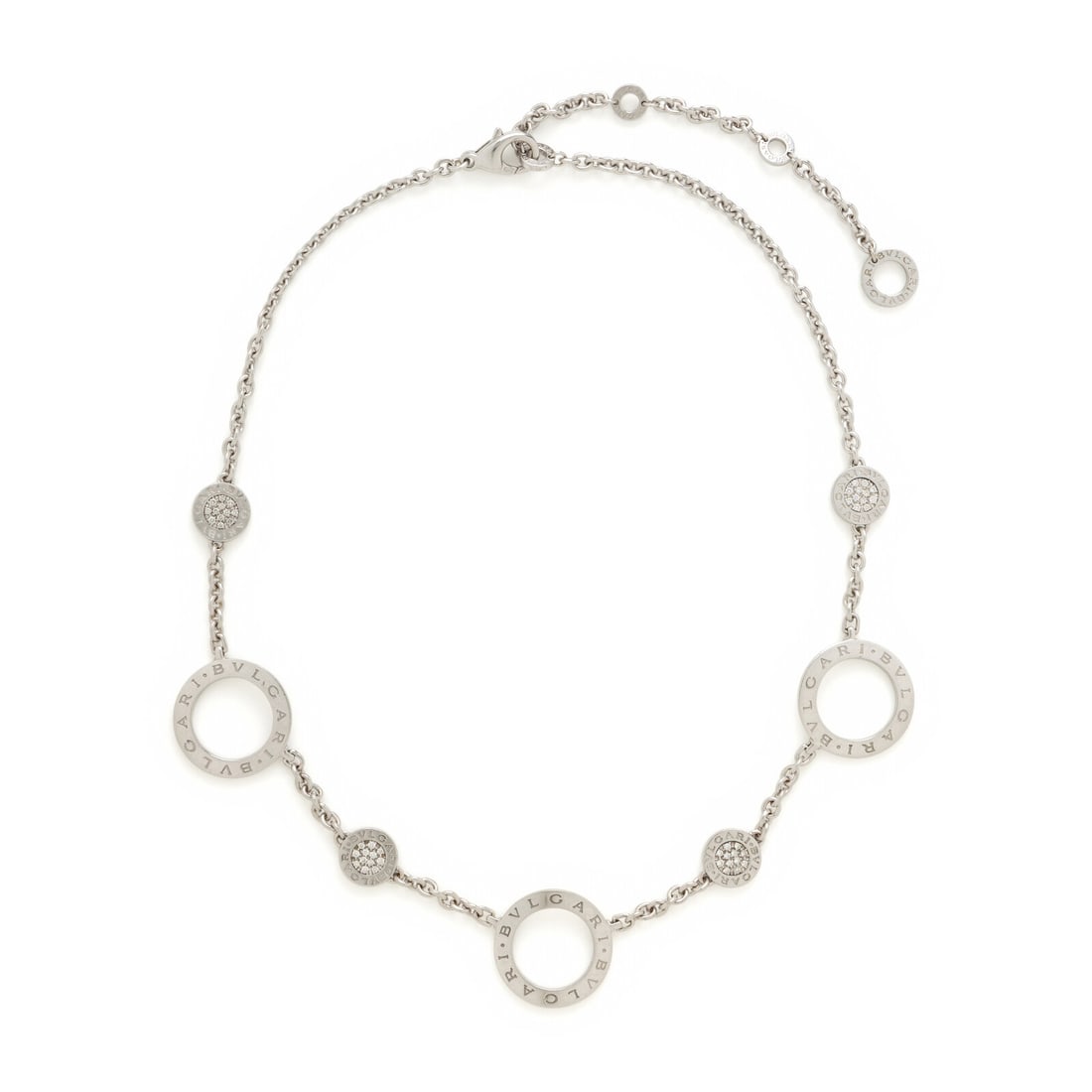 Bulgari, 'Bulgari Bulgari' White Gold and Diamond Necklace: Bulgari, 'Bulgari Bulgari' White Gold and Diamond Necklace Designed with discs pavé-set with round brilliant cut diamonds weighing approximately 0.85 carat total and circular stations. Mounted in 18