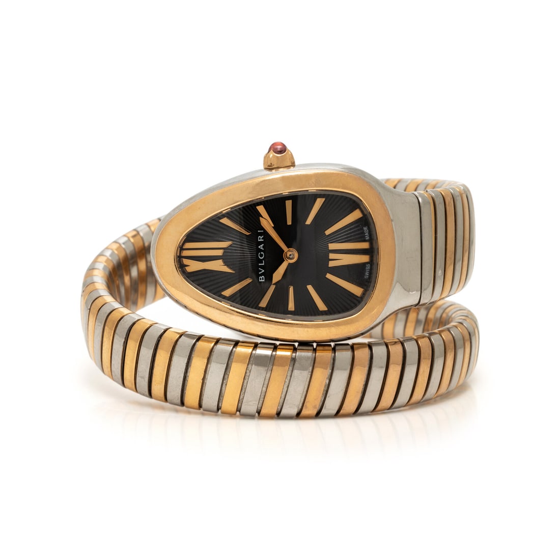 Bulgari, Ref. SP35SPG, Steel and 18K Rose Gold 'Serpenti Tubogas' Watch: Bulgari, Ref. SP35SPG, Steel and 18K Rose Gold 'Serpenti Tubogas' Watch Maker: Bulgari Model: Serpenti Tubogas Reference number: SP35SPG Serial number: PO 10684 Case size: Approx. 23 x 35 mm Case