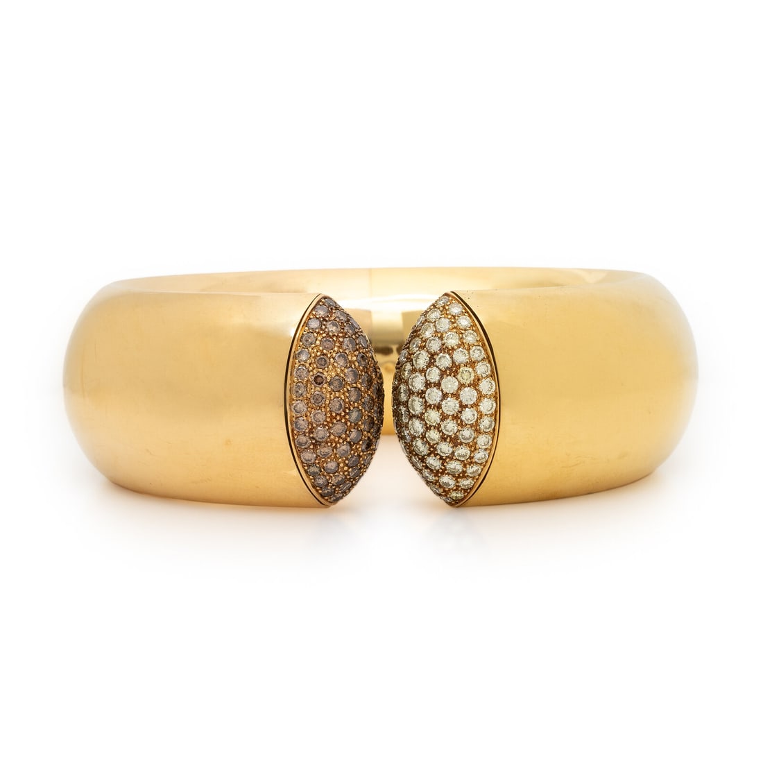 Colored Diamond and Yellow Gold Cuff Bracelet: Colored Diamond and Yellow Gold Cuff Bracelet Featuring round brilliant cut yellow and brown diamonds weighing approximately 4.00 carats total (origin of color not tested), twisting hinge opener at