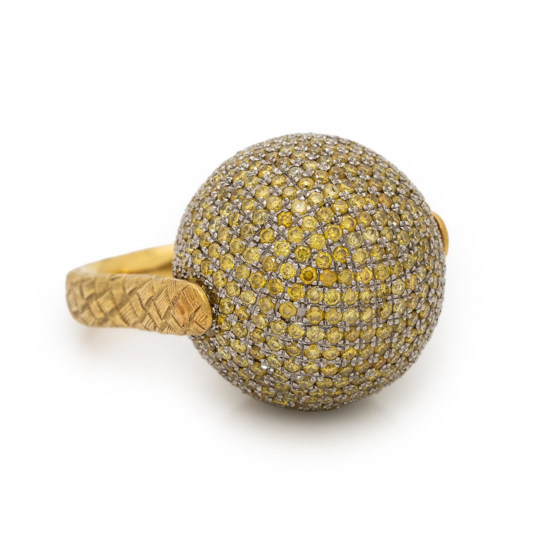 Bottega Veneta, 'Sfera', Yellow Diamond and Yellow Gold Ring: Bottega Veneta, 'Sfera', Yellow Diamond and Yellow Gold Ring Featuring a rotating sphere pavé-set with round brilliant cut yellow diamonds weighing approximately 5.00 carats total (origin of color