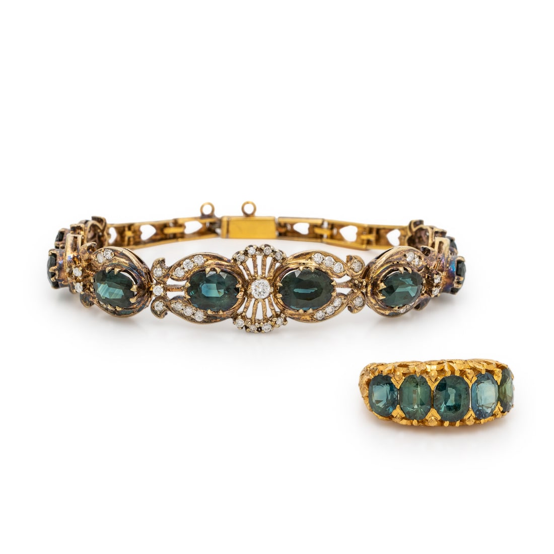 Sapphire, Diamond, and Yellow Gold Ring and Bracelet: Sapphire, Diamond, and Yellow Gold Ring and Bracelet The bracelet set with oval sapphires weighing approximately 8.80 carats total by formula and round brilliant cut diamonds weighing approximately 0.