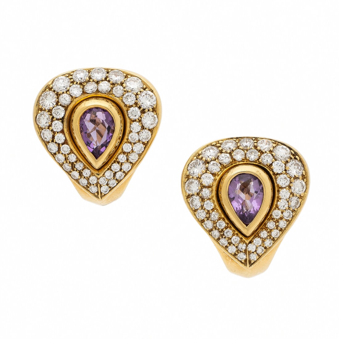 Cartier, Amethyst, Diamond, and Yellow Gold Earrings: Cartier, Amethyst, Diamond, and Yellow Gold Earrings Featuring pear shape amethysts weighing approximately 0.70 carat total by formula, and round brilliant cut diamonds weighing approximately 1.50 car