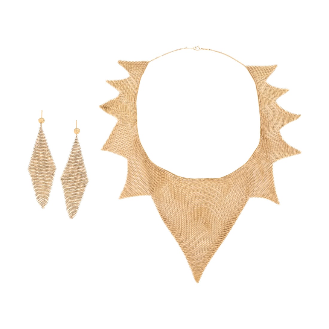 Tiffany & Co., Elsa Peretti, Yellow Gold Mesh Necklace and Earrings: Tiffany & Co., Elsa Peretti, Yellow Gold Mesh Necklace and Earrings Designed in a delicate gold mesh. Mounted in 18 karat yellow gold. Necklace: 15 1/4 inches long. Earrings: 3 1/2 inches long. Neckla