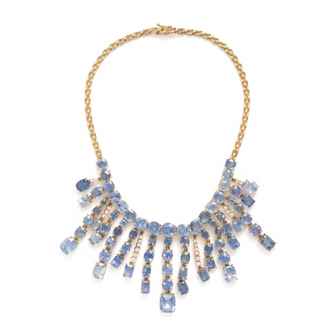 Sapphire, Diamond, and Yellow Gold Necklace: Sapphire, Diamond, and Yellow Gold Necklace Featuring fringes of round, oval, cushion, and emerald cut sapphires and round brilliant cut diamonds weighing approximately 1.40 carats total. Mounted in 1
