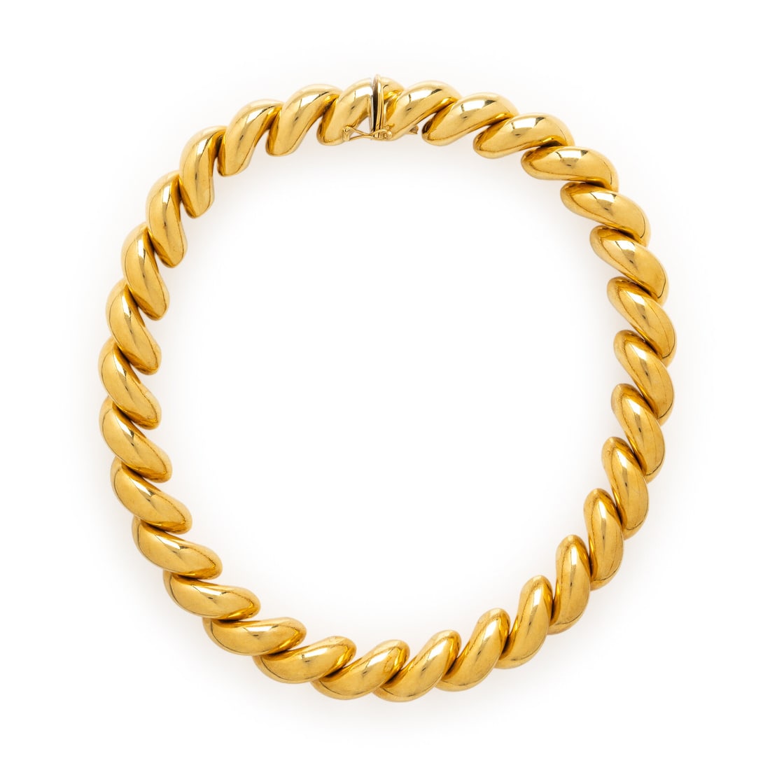 Yellow Gold Necklace: Yellow Gold Necklace Featuring polished San Marco links measuring approximately 15.00 mm wide. 18 karat yellow gold. 16.5 inches long. Stamp: NRK 18K ITALY. Gross weight: 95.80 dwt. Property from an