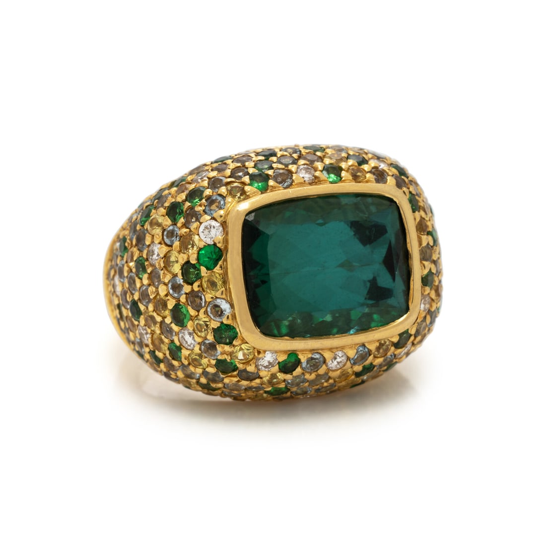Laura Munder, Green Tourmaline, Multigem, and Yellow Gold Ring: Laura Munder, Green Tourmaline, Multigem, and Yellow Gold Ring Centered by a bezel-set cushion cut tourmaline weighing approximately 5.25 carats by formula, the shoulders pavé-set with round