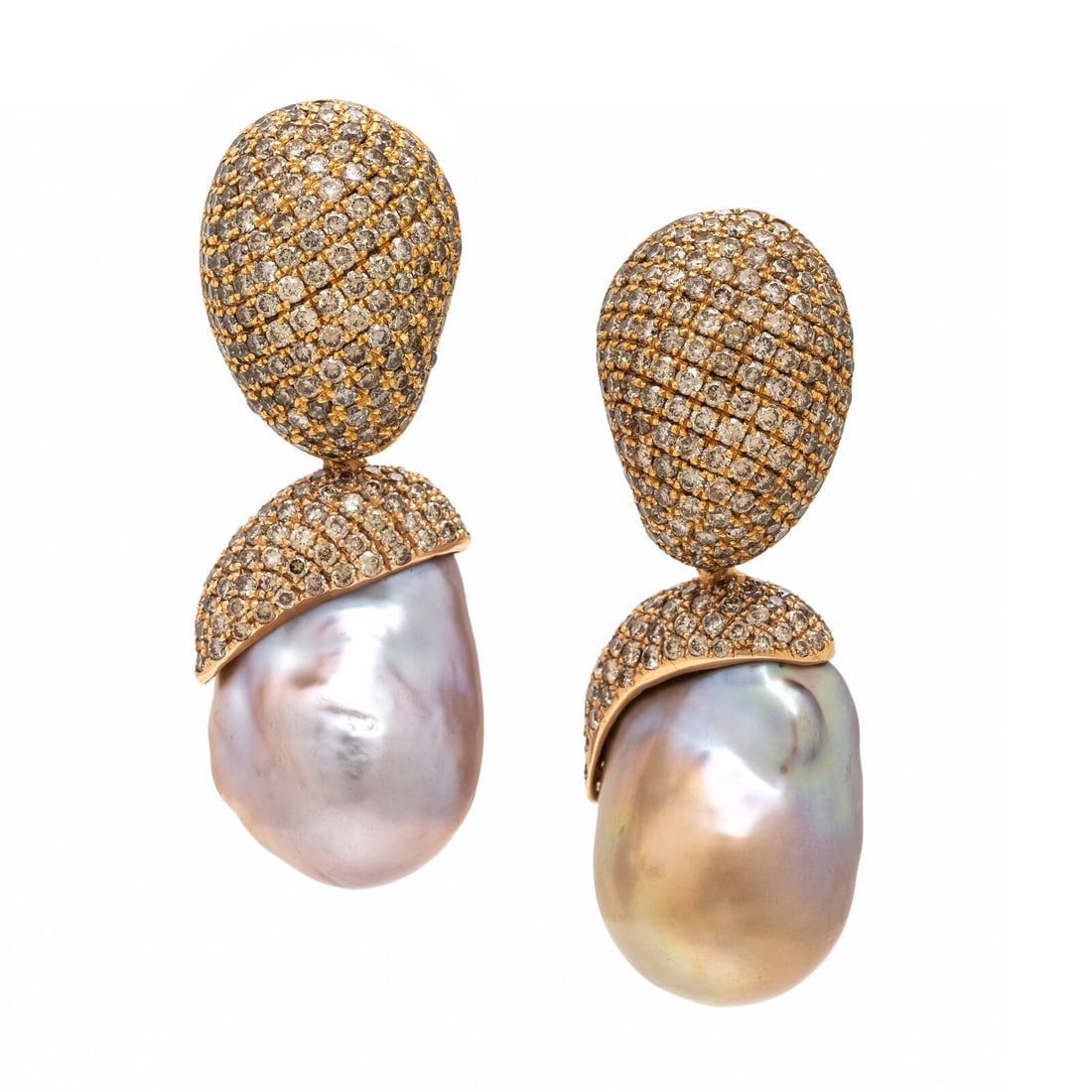Yvel, Baroque Cultured Pearl, Colored Diamond, and Yellow Gold Convertible Earrings: Yvel, Baroque Cultured Pearl, Colored Diamond, and Yellow Gold Convertible Earrings Designed as freeform earrings with removable drops, set throughout with round brilliant cut brown and yellow