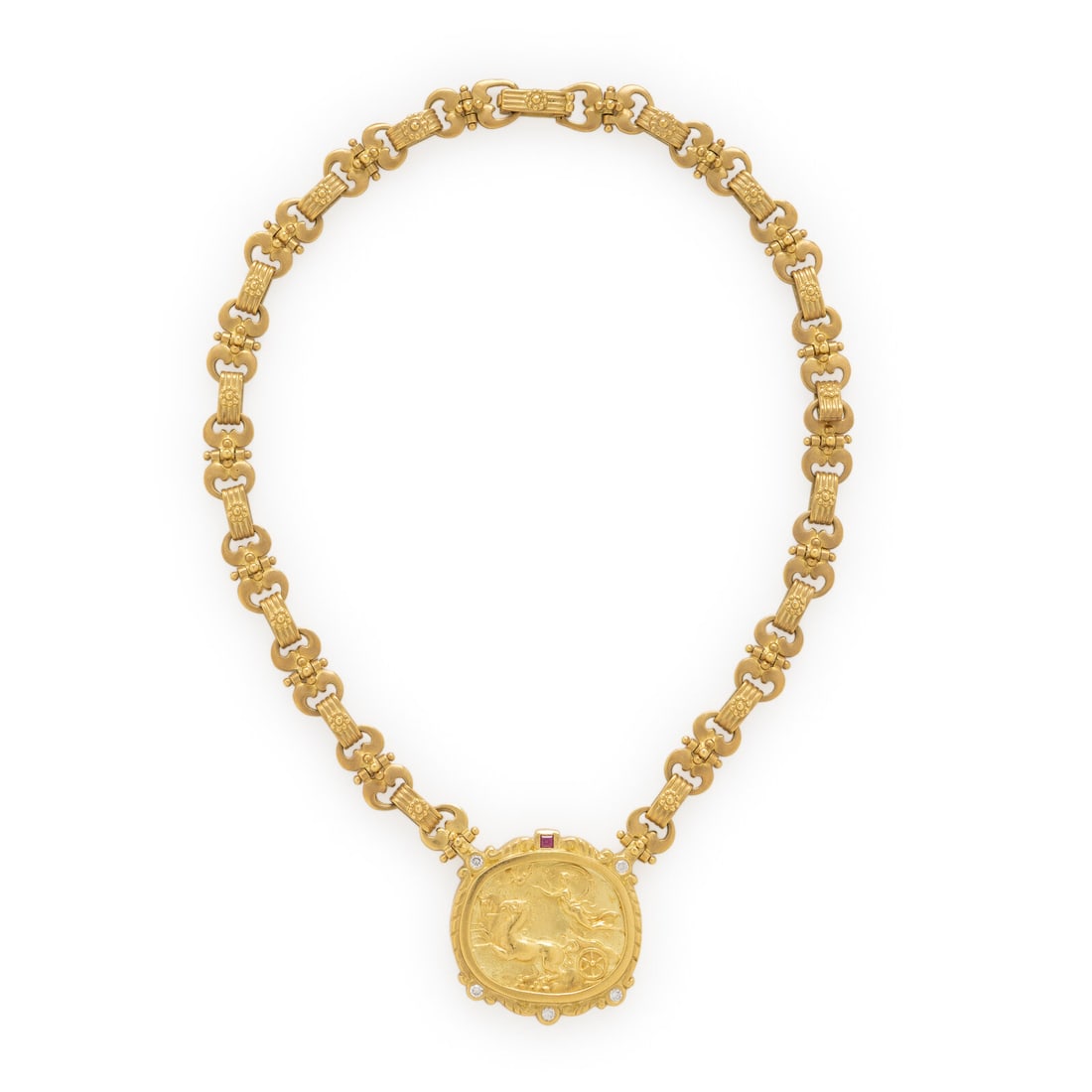 SeidenGang, 'Athena', Yellow Gold, Diamond, and Tourmaline Necklace: SeidenGang, 'Athena', Yellow Gold, Diamond, and Tourmaline Necklace The pendant featuring a horse and chariot motif, and set with round brilliant cut diamonds weighing approximately 0.30 carat total