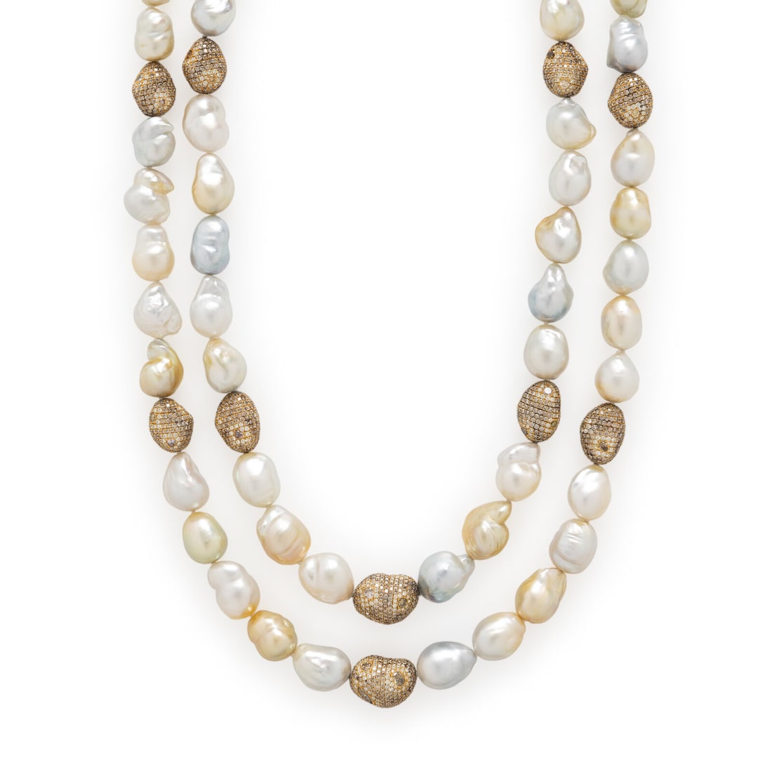 Two Baroque Cultured Pearl, Colored Diamond, and Yellow Gold Necklaces: Two Baroque Cultured Pearl, Colored Diamond, and Yellow Gold Necklaces Featuring multicolored (origin of color not tested) baroque cultured pearls measuring approximately 15.50 x 12.50 x 10.80 - 20.80