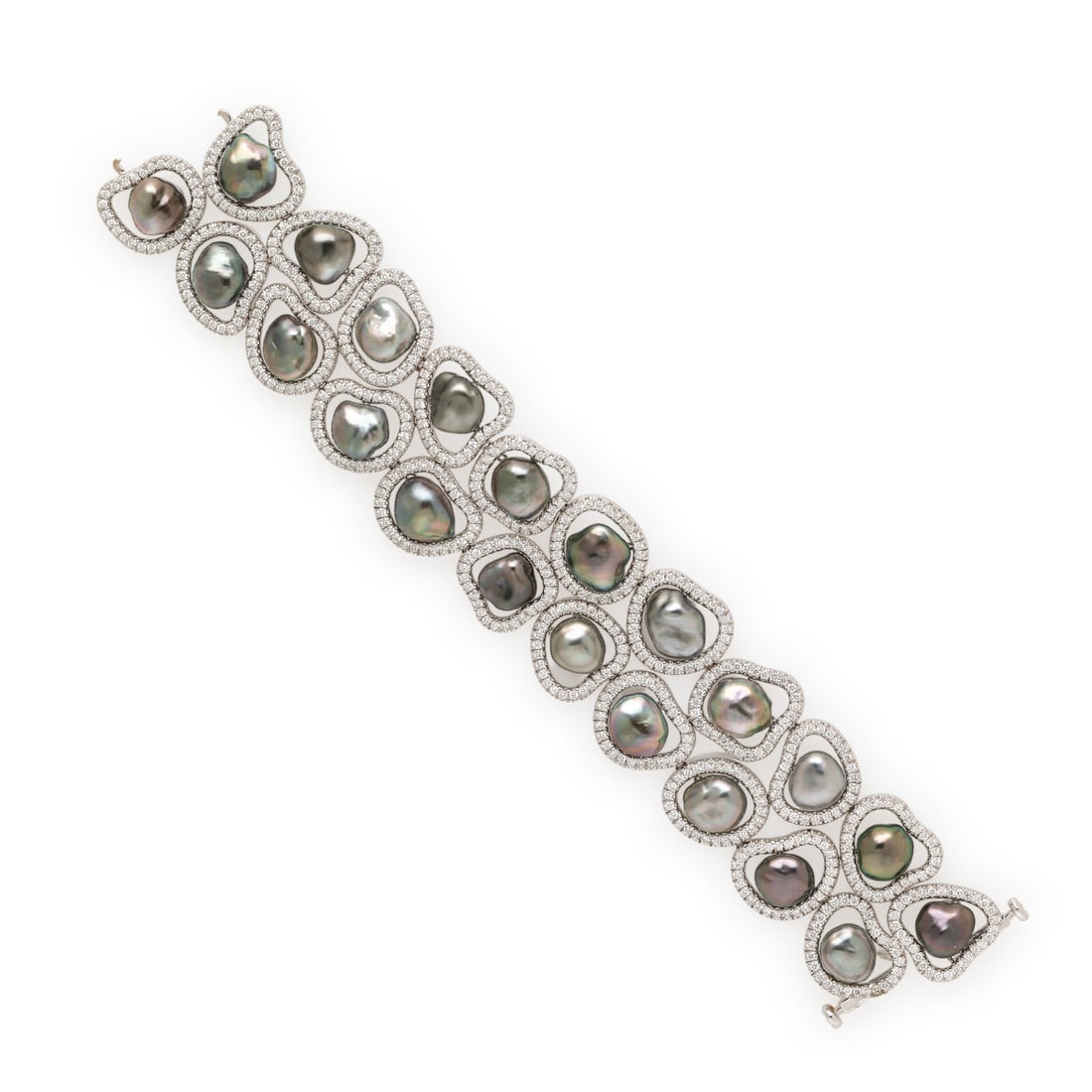 Baroque Cultured Gray Pearl and Diamond Bracelet: Baroque Cultured Gray Pearl and Diamond Bracelet Featuring baroque cultured gray pearls (origin of color not tested) measuring approximately 9.00 x 9.50 x 5.70 mm - 12.65 x 10.60 x 6.30 mm, surrounded