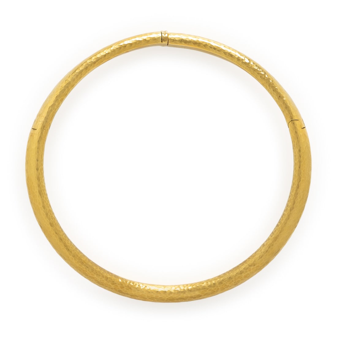 Italian, Hammered Yellow Gold Necklace: Italian, Hammered Yellow Gold Necklace Designed with a hammered finish. 18 karat yellow gold. 15 inches inner circumference. Stamp: 18Kt ITALY. Gross weight: 57.05 dwt.
