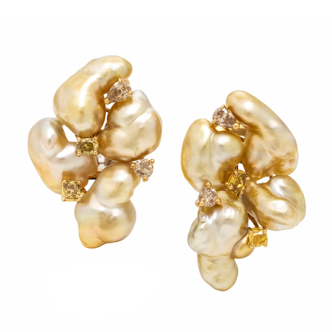 Yvel, Baroque Cultured Pearl, Colored Diamond, and Yellow Gold Earrings: Yvel, Baroque Cultured Pearl, Colored Diamond, and Yellow Gold Earrings Set with golden baroque cultured pearls measuring approximately 12.00 - 18.00 mm (origin of color not tested), and oval, pear sh