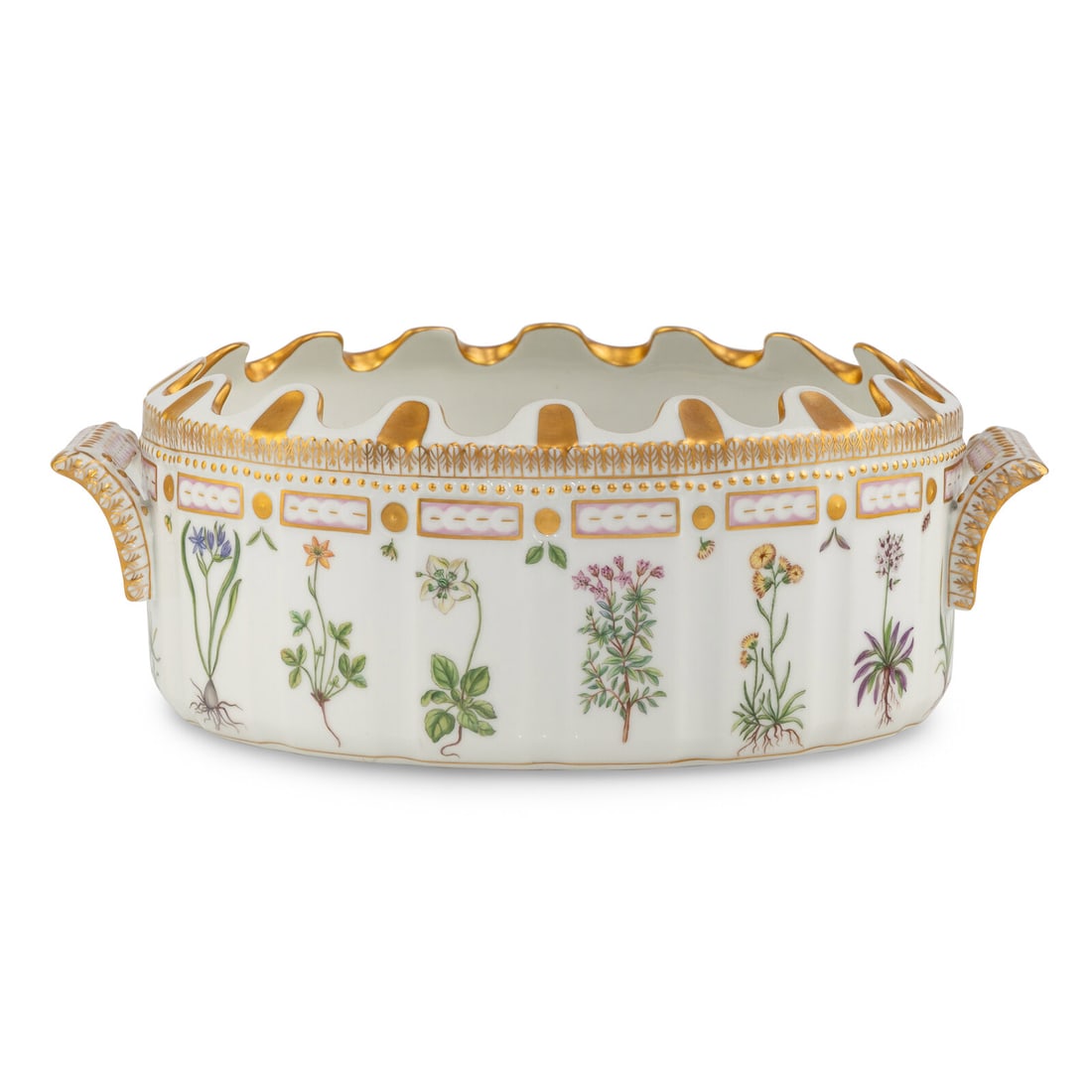 A Royal Copenhagen Flora Danica Porcelain Monteith: A Royal Copenhagen Flora Danica Porcelain Monteith 20th Century with crown and three-wave marks to underside. Height 5 x width over handles 13 1/2 inches. Property from an Important Private