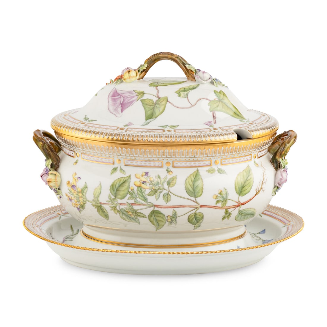 A Royal Copenhagen Flora Danica Porcelain Tureen with Cover and Stand: A Royal Copenhagen Flora Danica Porcelain Tureen with Cover and Stand 20th Century with crown and three-wave marks to underside. Overall height 12 x width 16 inches. Property from an Important