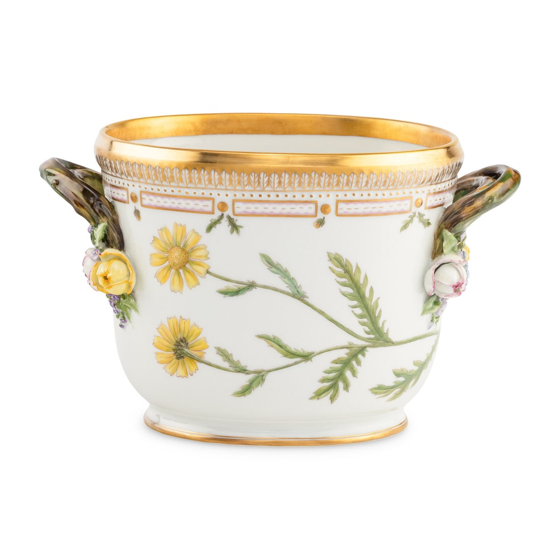 A Royal Copenhagen Flora Danica Porcelain Wine Cooler: A Royal Copenhagen Flora Danica Porcelain Wine Cooler 20th Century with crown and three-wave marks to underside. Height 6 3/4 x width over handles 10 1/2 inches. Property from an Important Private