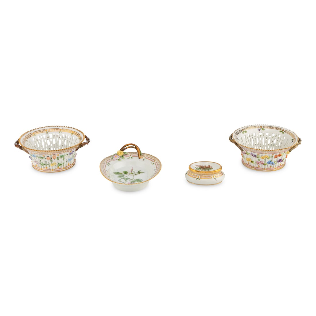 Four Royal Copenhagen Flora Danica Porcelain Table Articles: Four Royal Copenhagen Flora Danica Porcelain Table Articles 20th Century each with crown and three-wave mark to underside, comprising an accent dish, salt cellar, and a pair of reticulated fruit