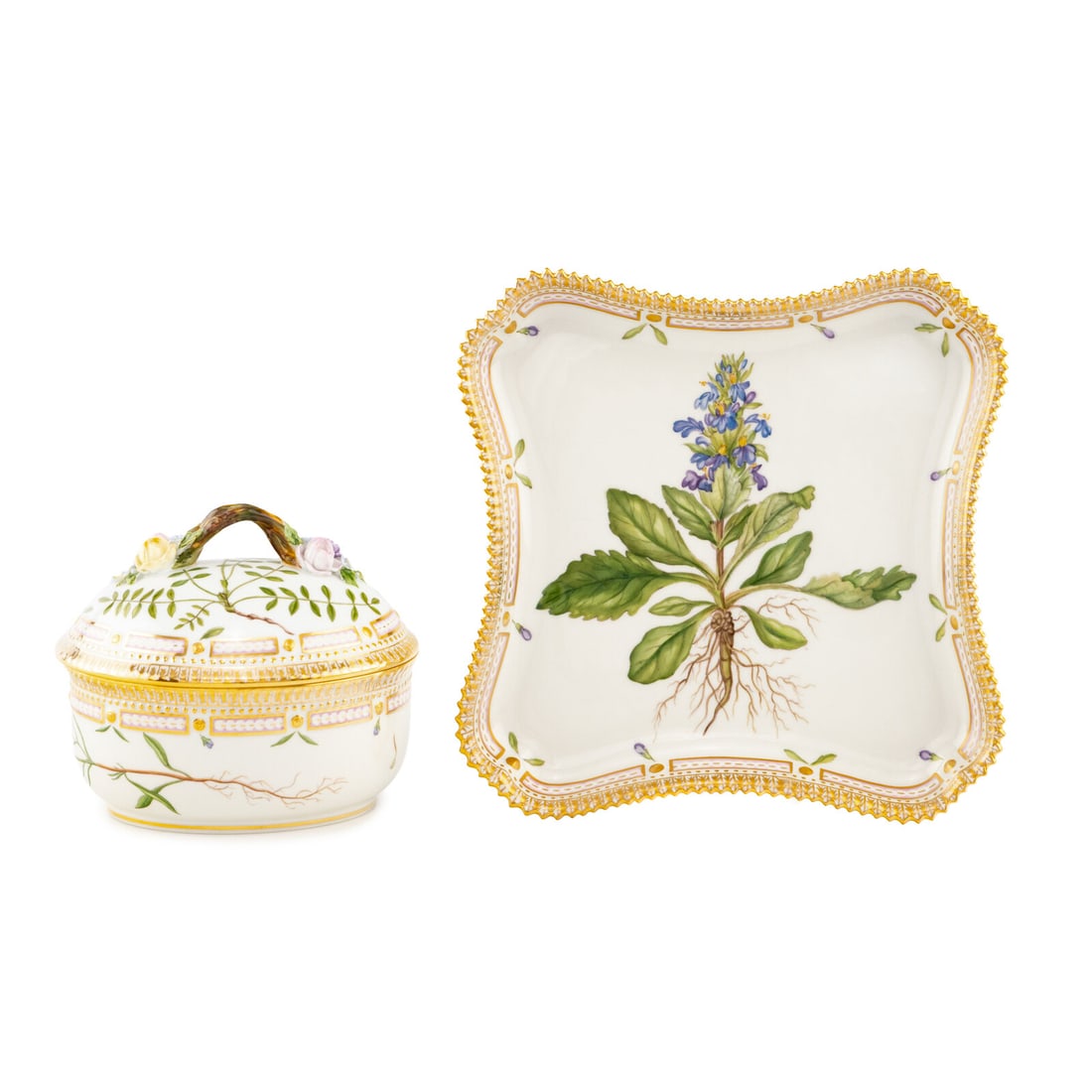 Two Royal Copenhagen Flora Danica Porcelain Table Articles: Two Royal Copenhagen Flora Danica Porcelain Table Articles 20th Century comprising a large covered sugar bowl and a square dish, each with a crown and three waves mark to the underside. Height of
