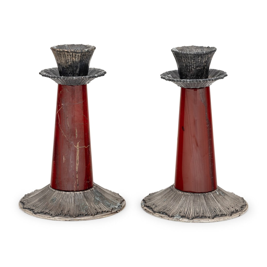 A Pair of Buccellati Silver and Hardstone Candlesticks: A Pair of Buccellati Silver and Hardstone Candlesticks both stamped 'Gianmaria Buccellati' and '925' to underside Height 6 5/8 x diameter 4 3/4 inches. Property from the Collection of Dr. Kira and