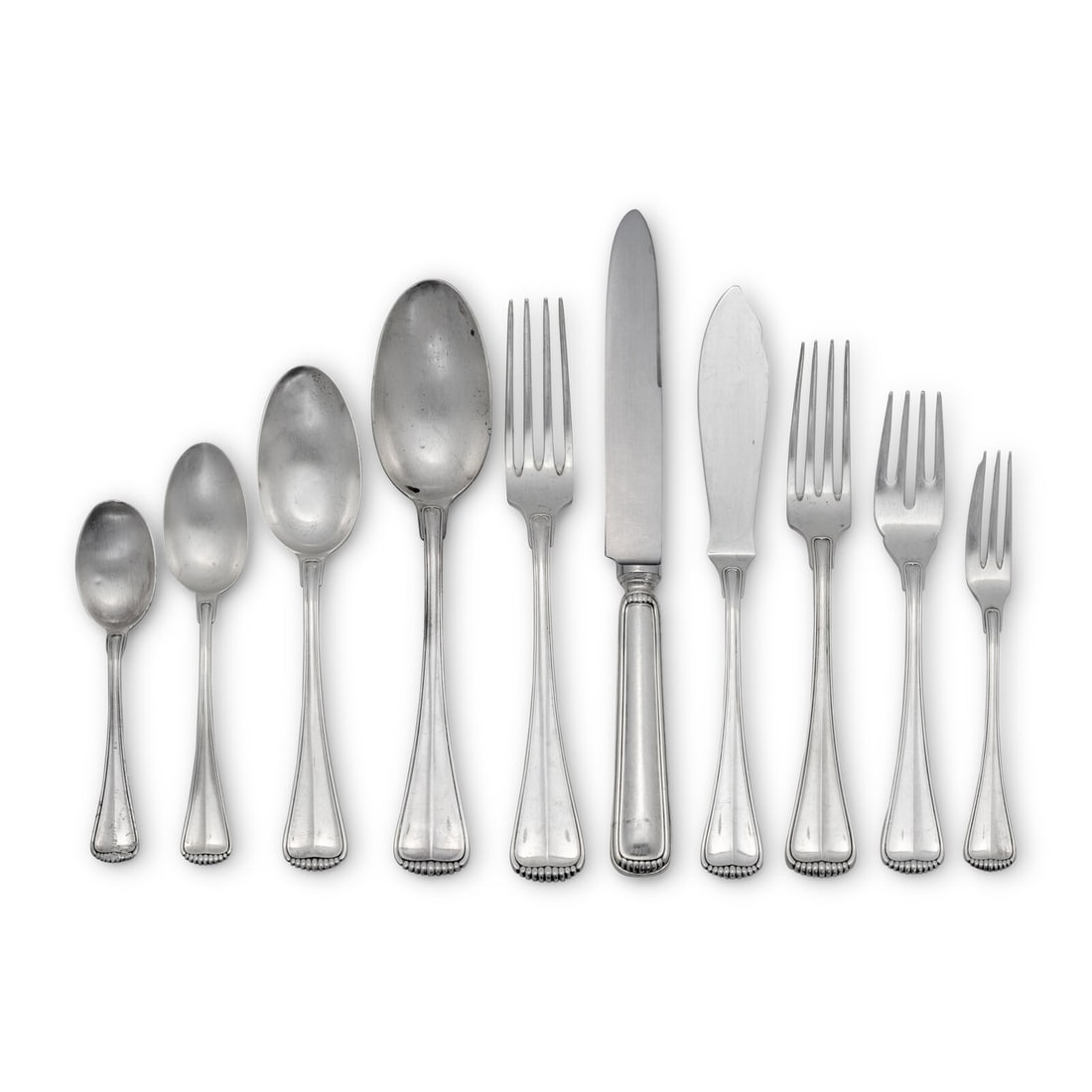 Two Buccellati Partial Silver Flatware Services: Two Buccellati Partial Silver Flatware Services 20th Century comprising items in the Milano pattern: 9 dinner forks 10 luncheon forks 7 salad forks 7 fish forks 3 serving spoons 10 place spoons 7 teas
