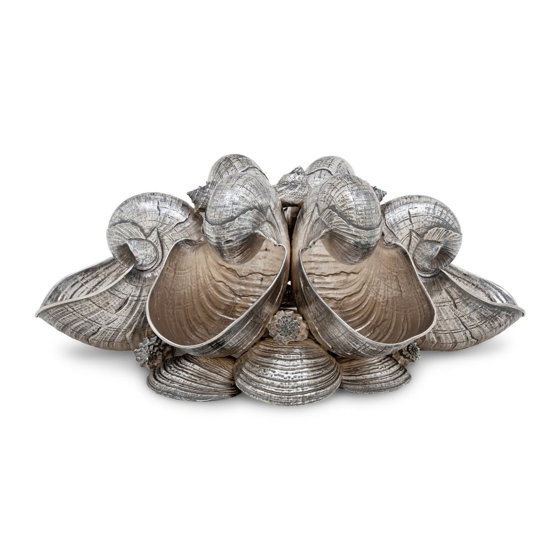 A Buccellati Silver Nautilus Shell Centerpiece: A Buccellati Silver Nautilus Shell Centerpiece 20th Century marked 'Sterling' on underside 72 ozt 18 dwt Height 5 1/2 x width 14 1/2 x depth 11 inches. Property from an Important Private Collection,
