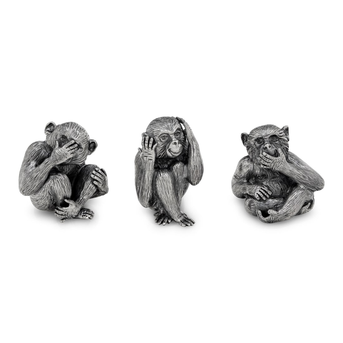 A Set of Three Buccellati Wise Monkey Figures: A Set of Three Buccellati Wise Monkey Figures 20th Century each marked 'Sterling' to underside 8 ozt 8 dwt gross Height 1 7/8 inches. Property from an Important Private Collection, Florida This lot