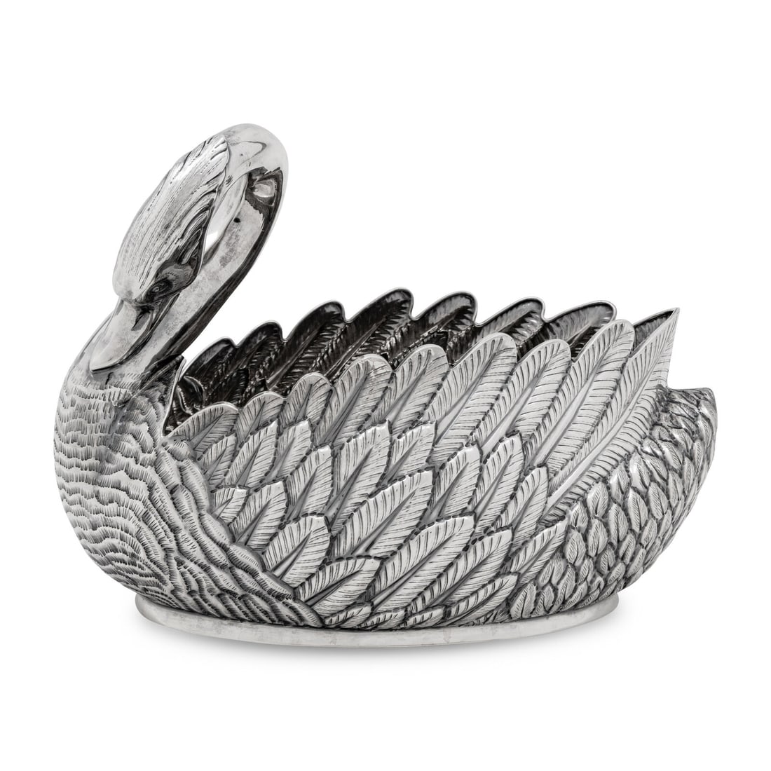 A Modern Fabergé Silver Swan Centerpiece: A Modern Fabergé Silver Swan Centerpiece Late 20th Century marked '925' to the interior and marked 'limited edition 8/100' to the underside 47 ozt 9 dwt Height 10 x width 14 x depth 8 inches.
