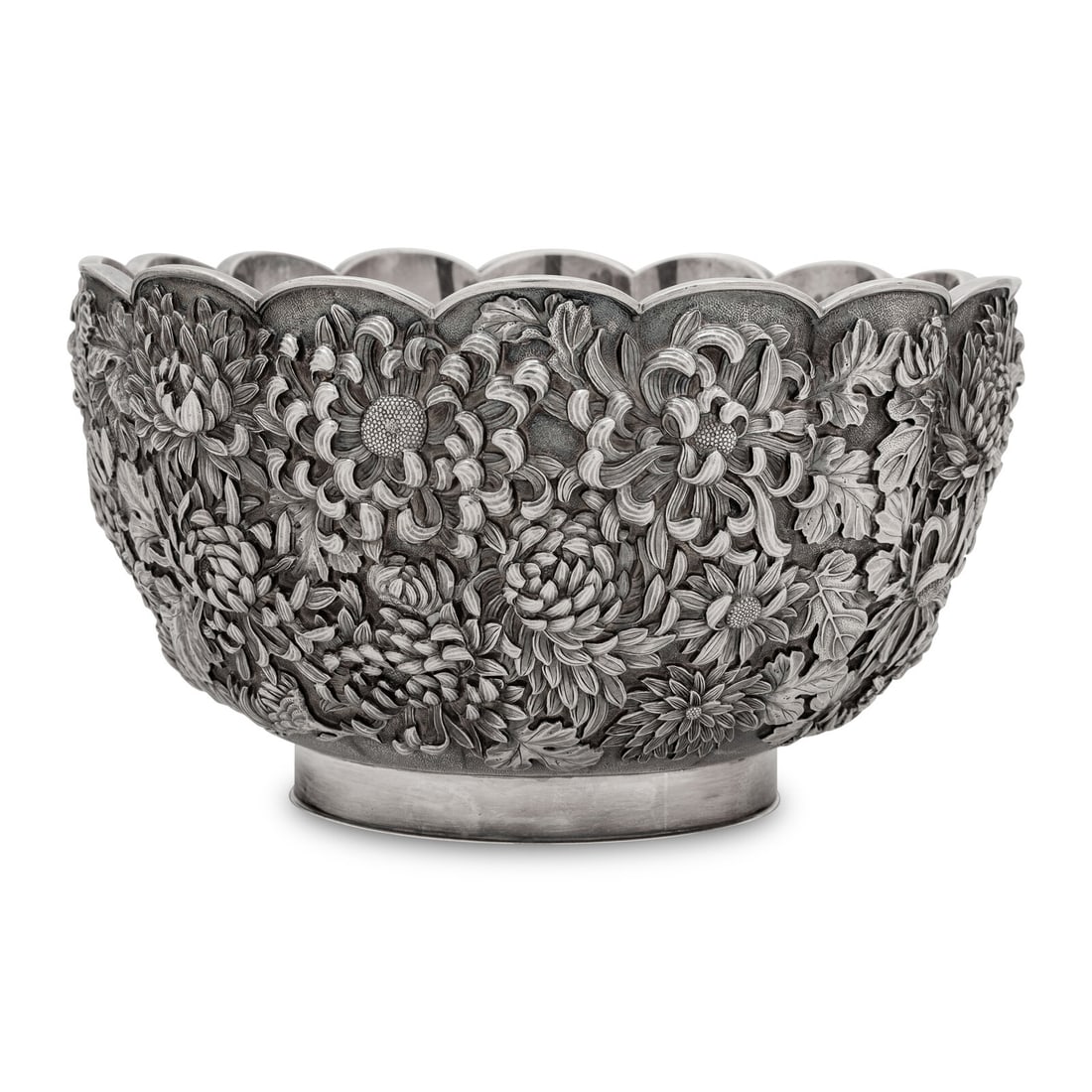 A Japanese Silver Chrysanthemum Bowl: A Japanese Silver Chrysanthemum Bowl Konoike, Yokohama, Meiji Period, Circa 1900 together with a wood stand and box; accompanied by a letter from the Legation of Japan, Washington, D.C., dedicating