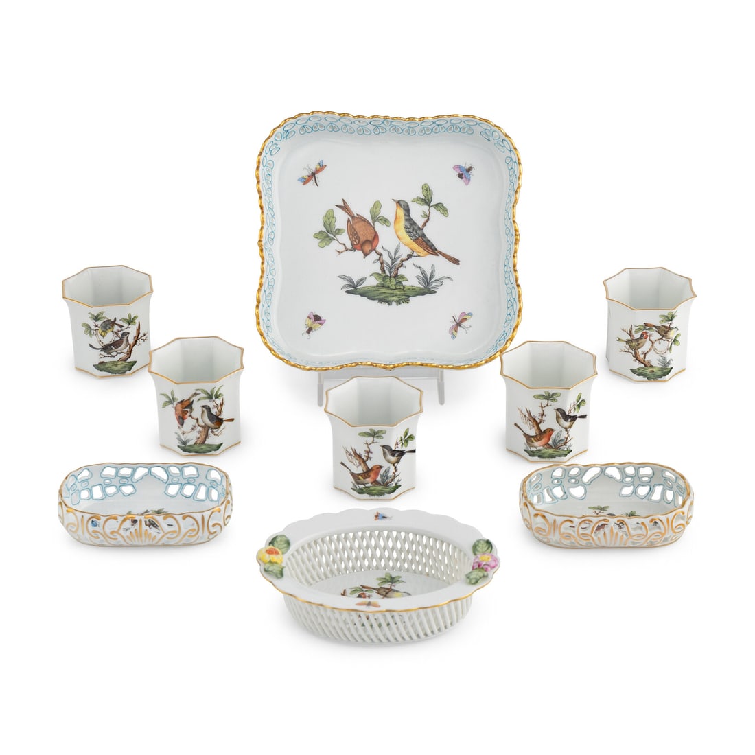 A Group of Nine Herend Rothschild Bird Porcelain Table Articles (1 of 3)