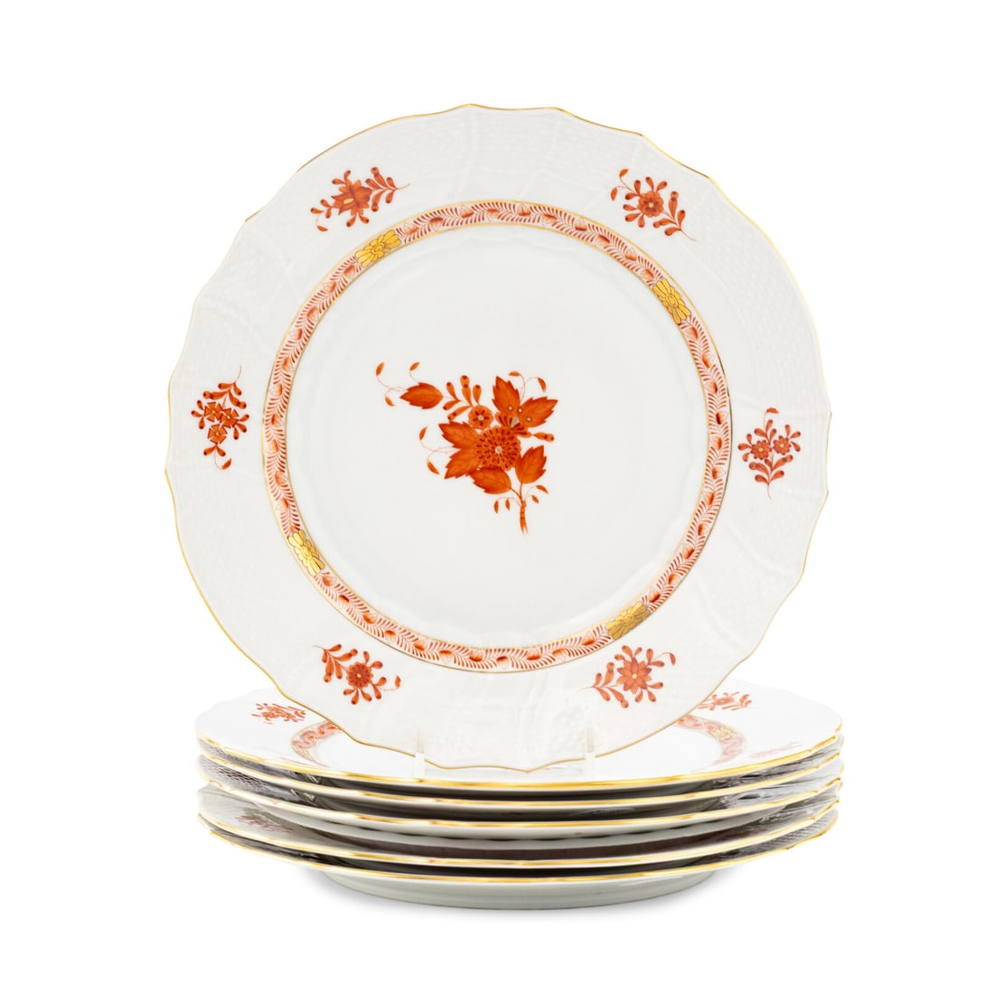 A Set of Six Herend Chinese Bouquet Rust Porcelain Dinner Plates: A Set of Six Herend Chinese Bouquet Rust Porcelain Dinner Plates 20th Century Diameter 10 1/4 inches. Property from the Collection of Patricia and Michael Corbett, Kenilworth, Illinois This lot is loc