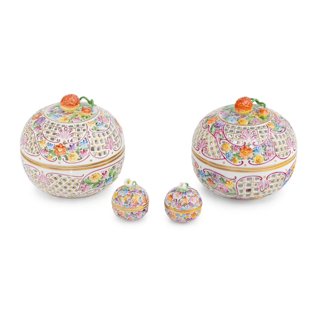 Two Pairs of Herend Reticulated Porcelain Covered Boxes: Two Pairs of Herend Reticulated Porcelain Covered Boxes 20th Century Height of larger 6 x diameter 6 inches; height of smaller 3 x diameter 2 inches. Property from an Important Private Collection, Flo