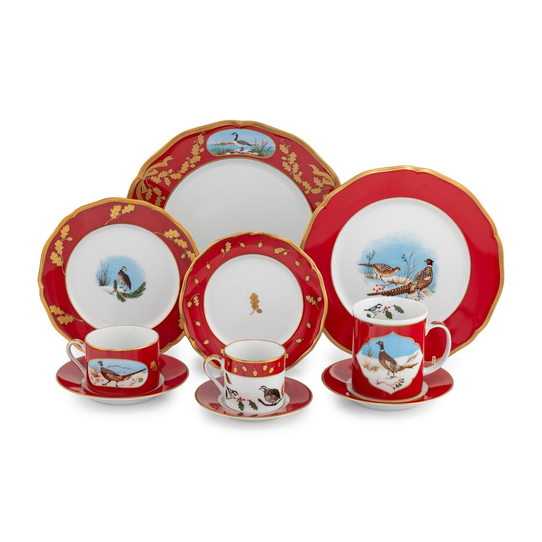 A Lynn Chase Winter Game Birds Porcelain Dinner Service: A Lynn Chase Winter Game Birds Porcelain Dinner Service comprising: 16 dinner plates 14 salad plates 14 luncheon plates 17 bread and butter plates 21 tea cups and saucers 4 mugs 8 coffee cups saucers;
