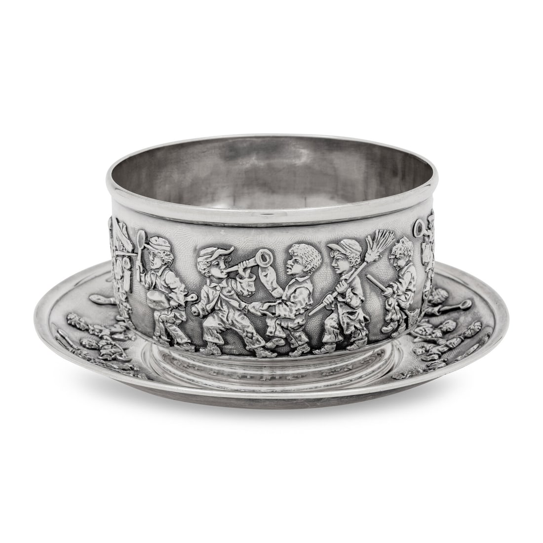 A Tiffany and Co. Silver Child's Bowl and Underplate: A Tiffany and Co. Silver Child's Bowl and Underplate New York, NY, Late 19th Century each monogrammed 'HEN' and inscribed 'Xmas 1884. each marked for Sterling to the underside 19 ozt 19 dwt gross Diam
