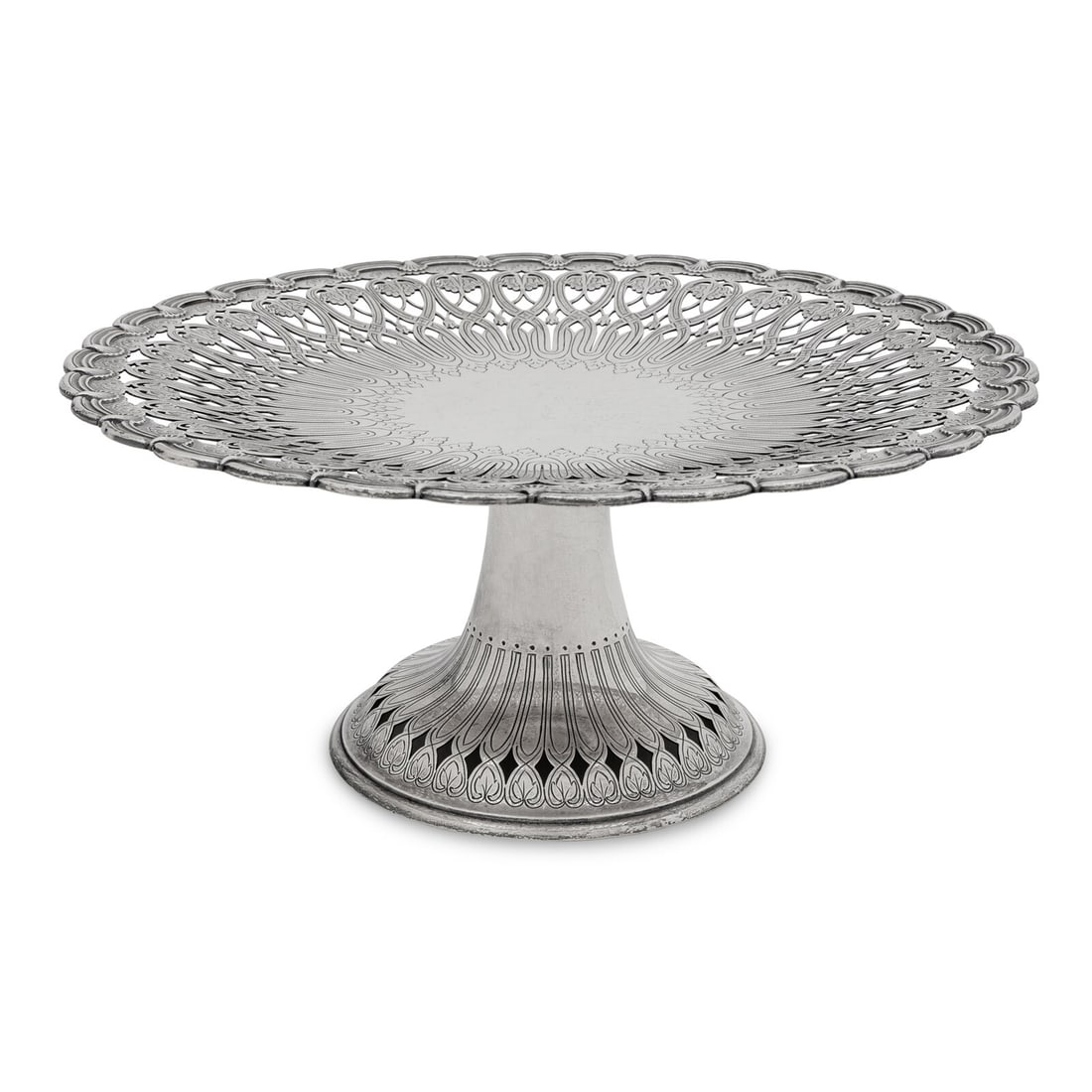 A Tiffany and Co. Pierce-Decorated Silver Dessert Stand: A Tiffany and Co. Pierce-Decorated Silver Dessert Stand New York, NY, Circa 1907 marked 'Sterling' to underside 38 ozt 14 dwt Height 5 1/2 x diameter 12 1/2 inches. This lot is located in Chicago.